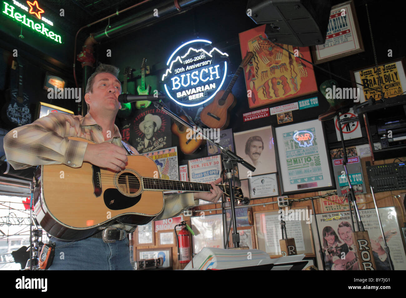 Nashville Tennessee,Music City USA,downtown,Lower Broadway,bar bars lounge pub,live entertainment,honky tonk,stage,musician,playing,sing,perform,perfo Stock Photo