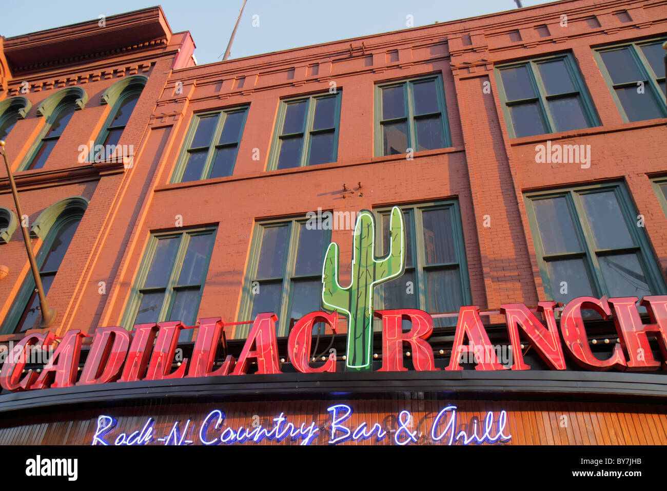 Tennessee Nashville,Music City USA,downtown,Lower Broadway,neon light,sign,Cadillac Ranch,bar lounge pub,grill,restaurant restaurants food dining cafe Stock Photo