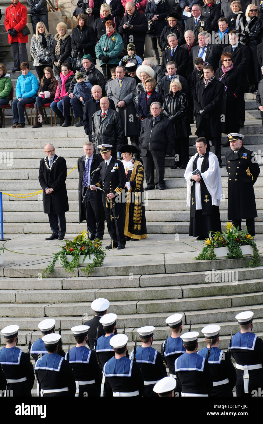 HMS Ark Royal famous aircraft carrier decommissioning parade on Guildhall Square Portsmouth England UK Saturday 22 January 2011 Stock Photo