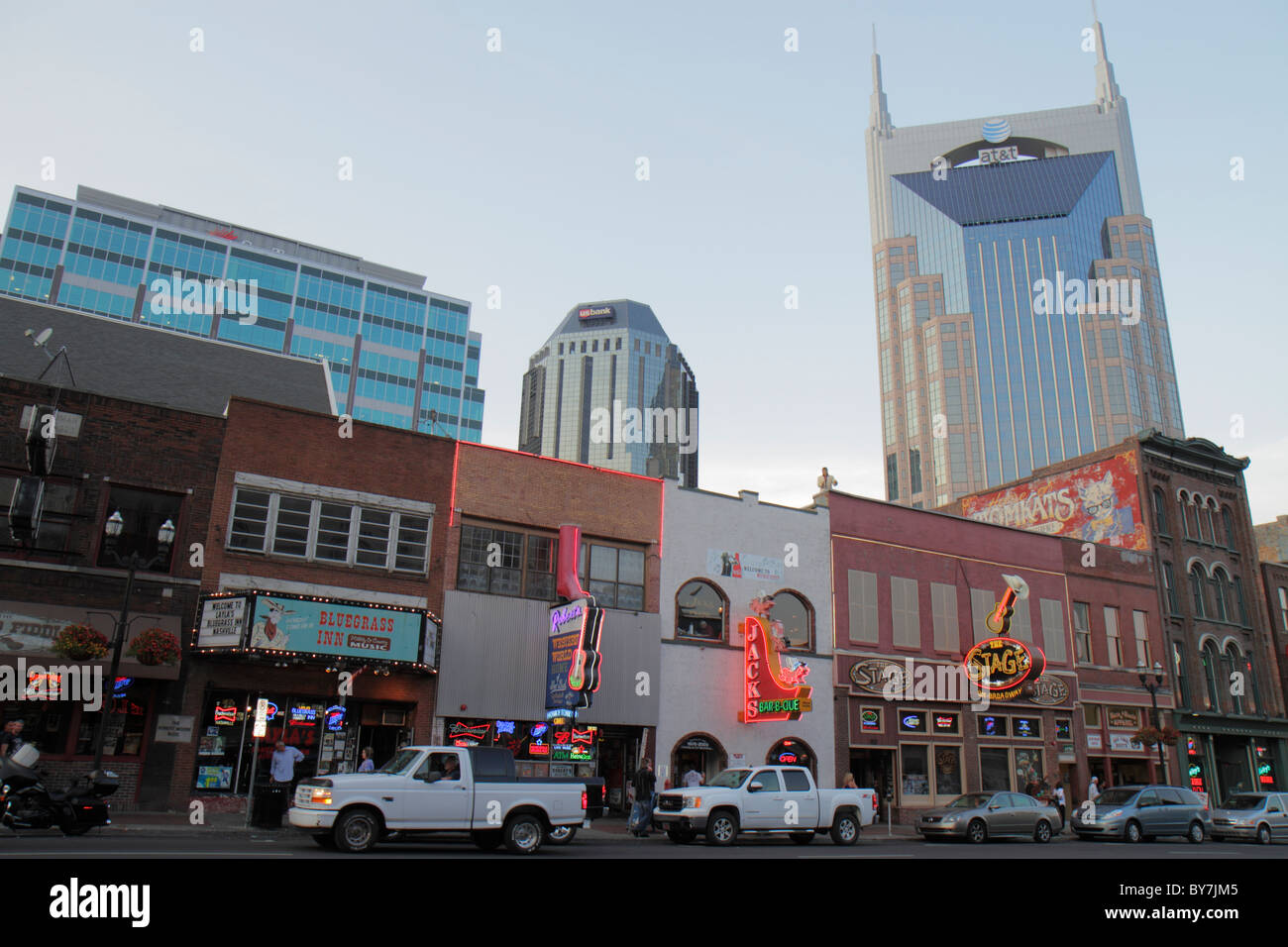 Tennessee Nashville,Music City USA,downtown,Lower Broadway,strip,neon light,sign,honky tonk,shopping shopper shoppers shop shops market markets market Stock Photo