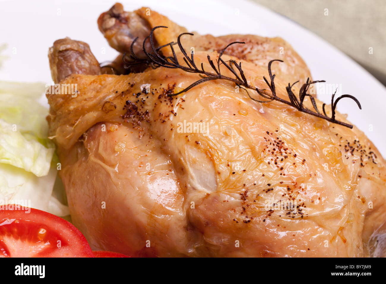 Food - Recipes - Closeup of plate with roasted chicken. Stock Photo