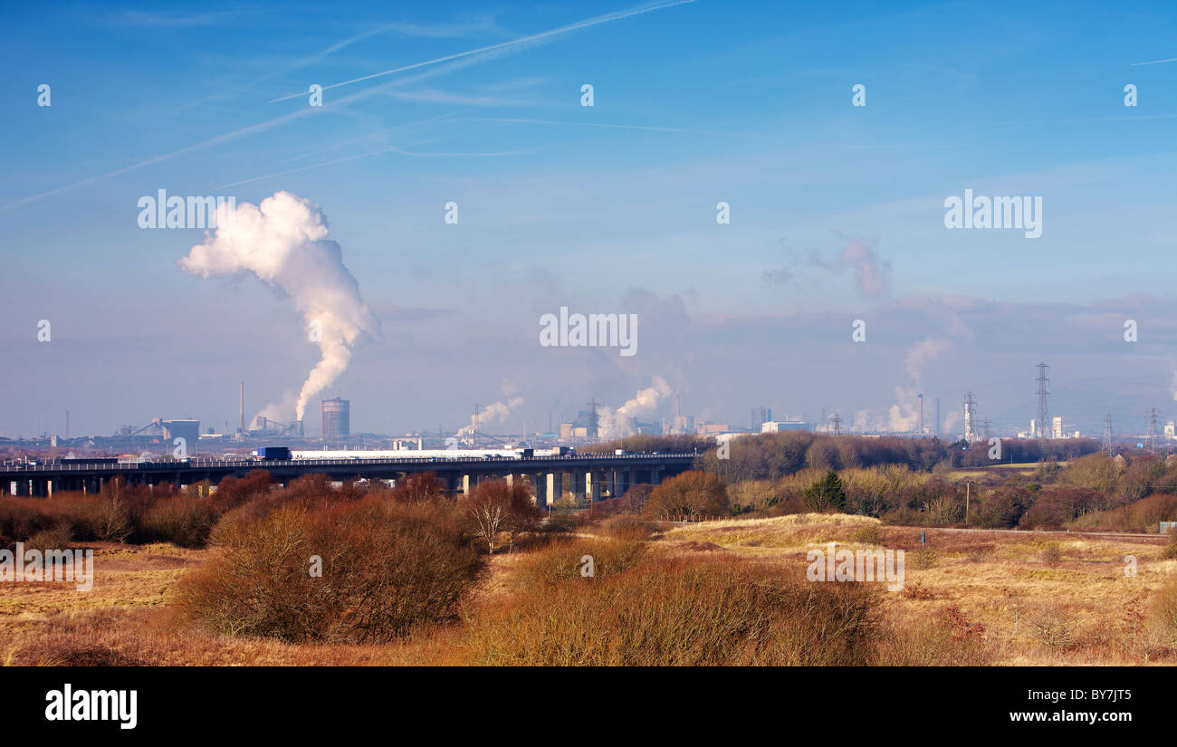 Pollution from the Corus Steelworks, Port Talbot, Wales, UK Stock Photo