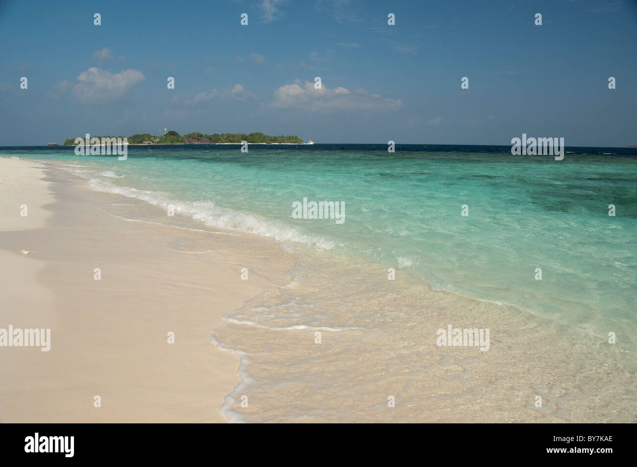 Maldives, North Male Atoll, Kuda Bandos. View of Bandos from the beach ...