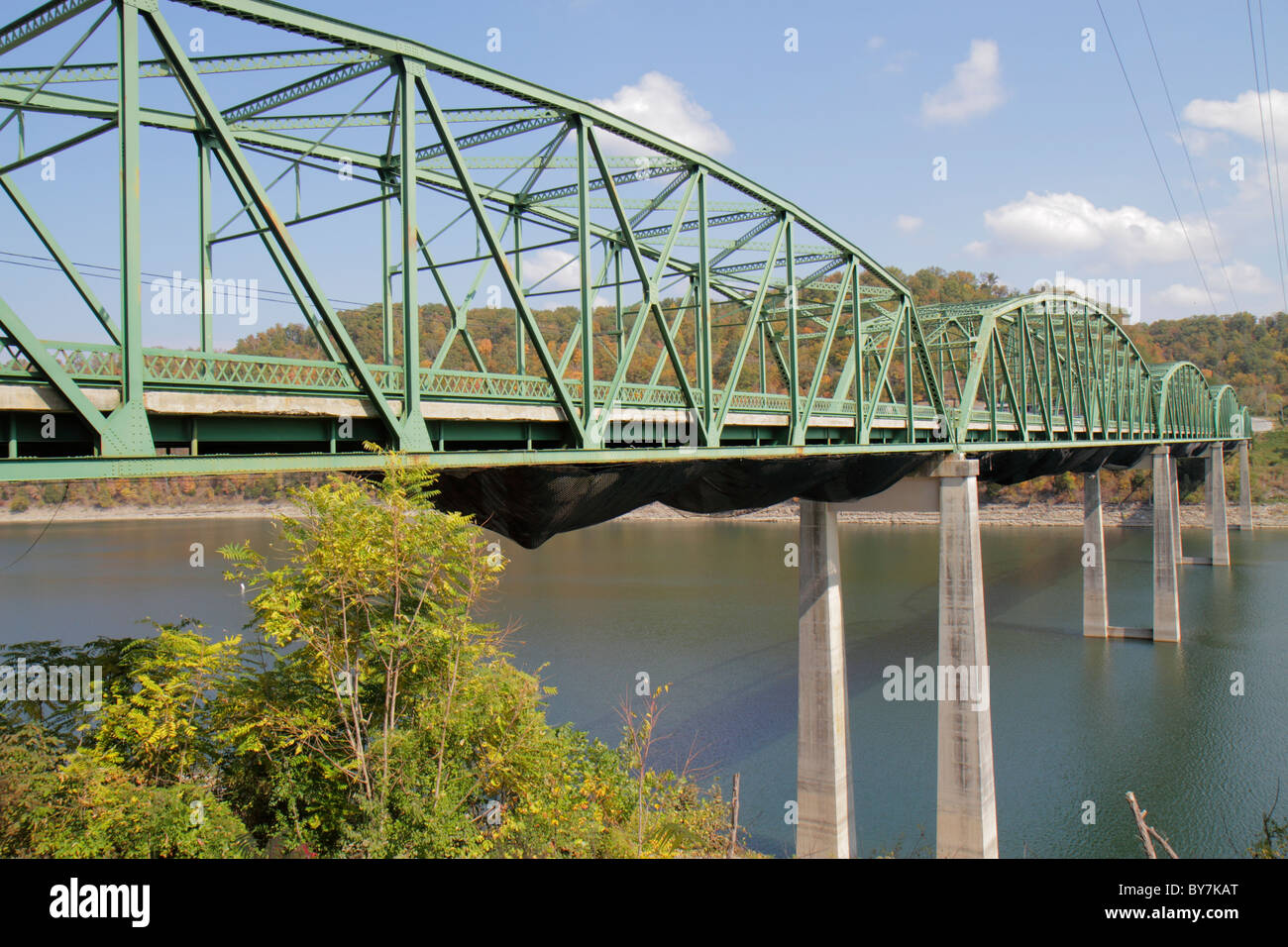 Tennessee Sparta,Center Hill Lake,Caney Fork River,Sligo Bridge,high,steel,through truss bridge,structure,metal,concrete,engineering,span,connect,wate Stock Photo