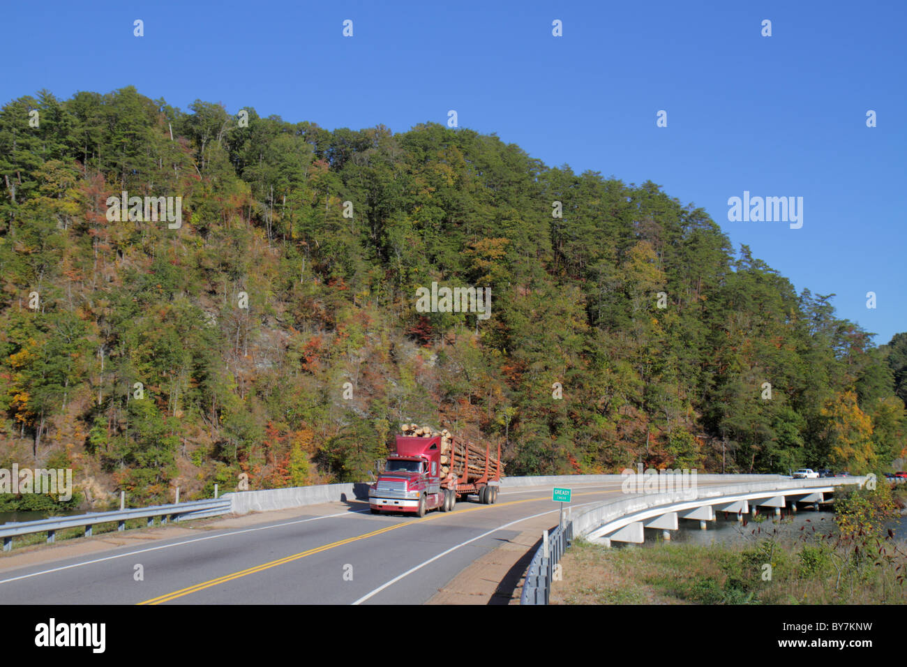Tennessee Cherokee National Forest,Greasy Creek,Department of Agriculture,federal land,trees,managed resource,timber harvesting,bridge,roadway,logging Stock Photo