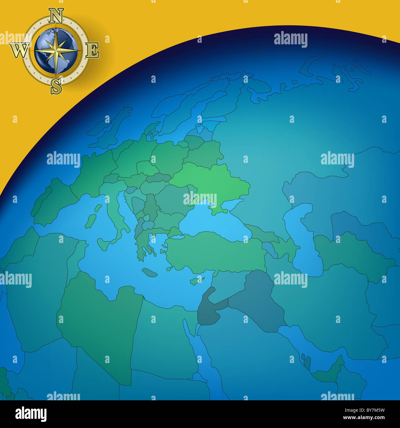 Abstract background with earth map and gold compass Stock Photo - Alamy