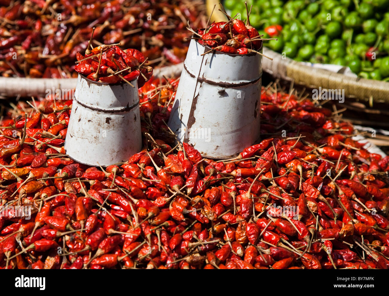 Red and green chilies in street market in Kathmandu, Nepal Stock Photo ...