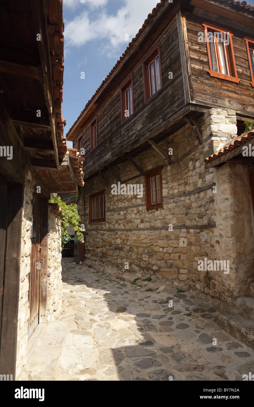 Narrow street in ancient city of Nessebar, Bulgaria Stock Photo