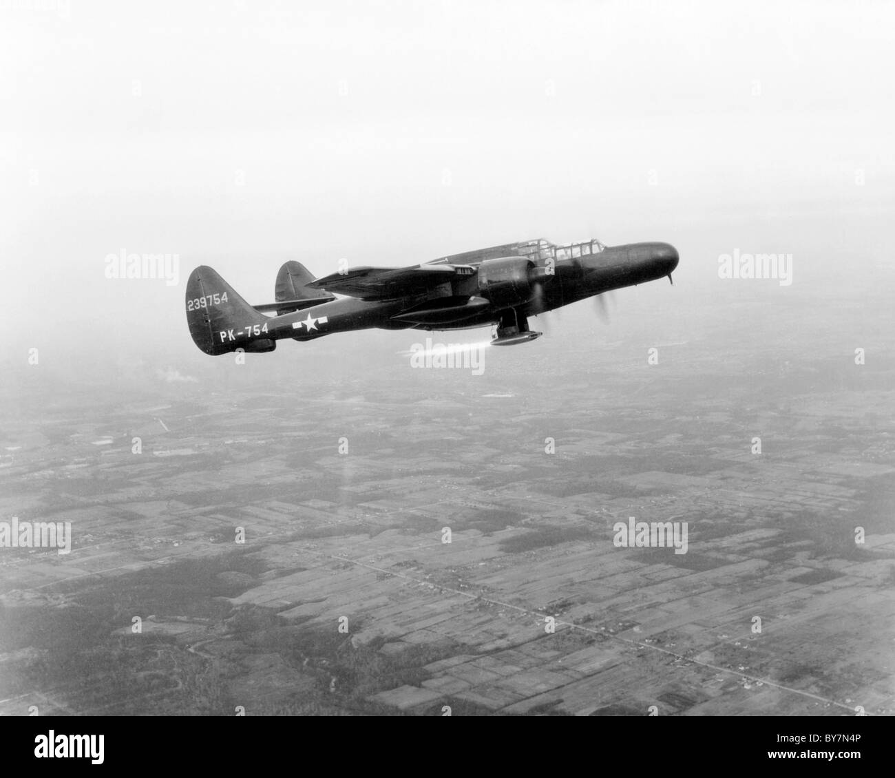 P-61 airplane in flight test with ramjet burning. Stock Photo