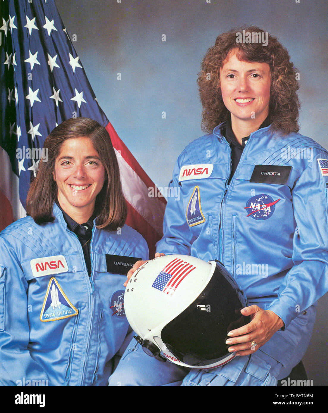 Challenger teacher in space primary crew member Christa McAuliffe, right and backup crew member Barbara Morgan Stock Photo