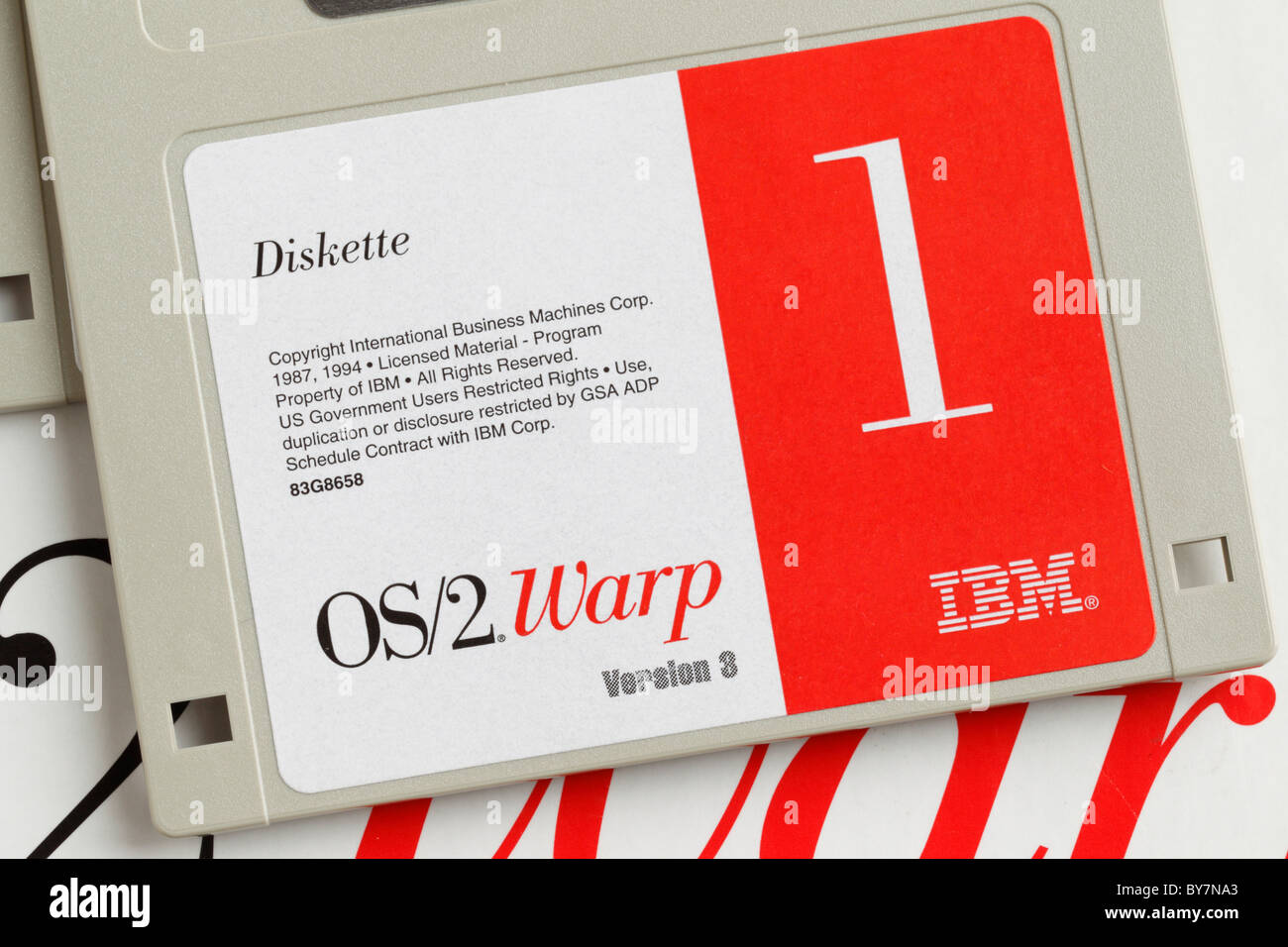 A 3.5' installation diskette from IBM's OS/2 PC operating system software - Warp version. Stock Photo