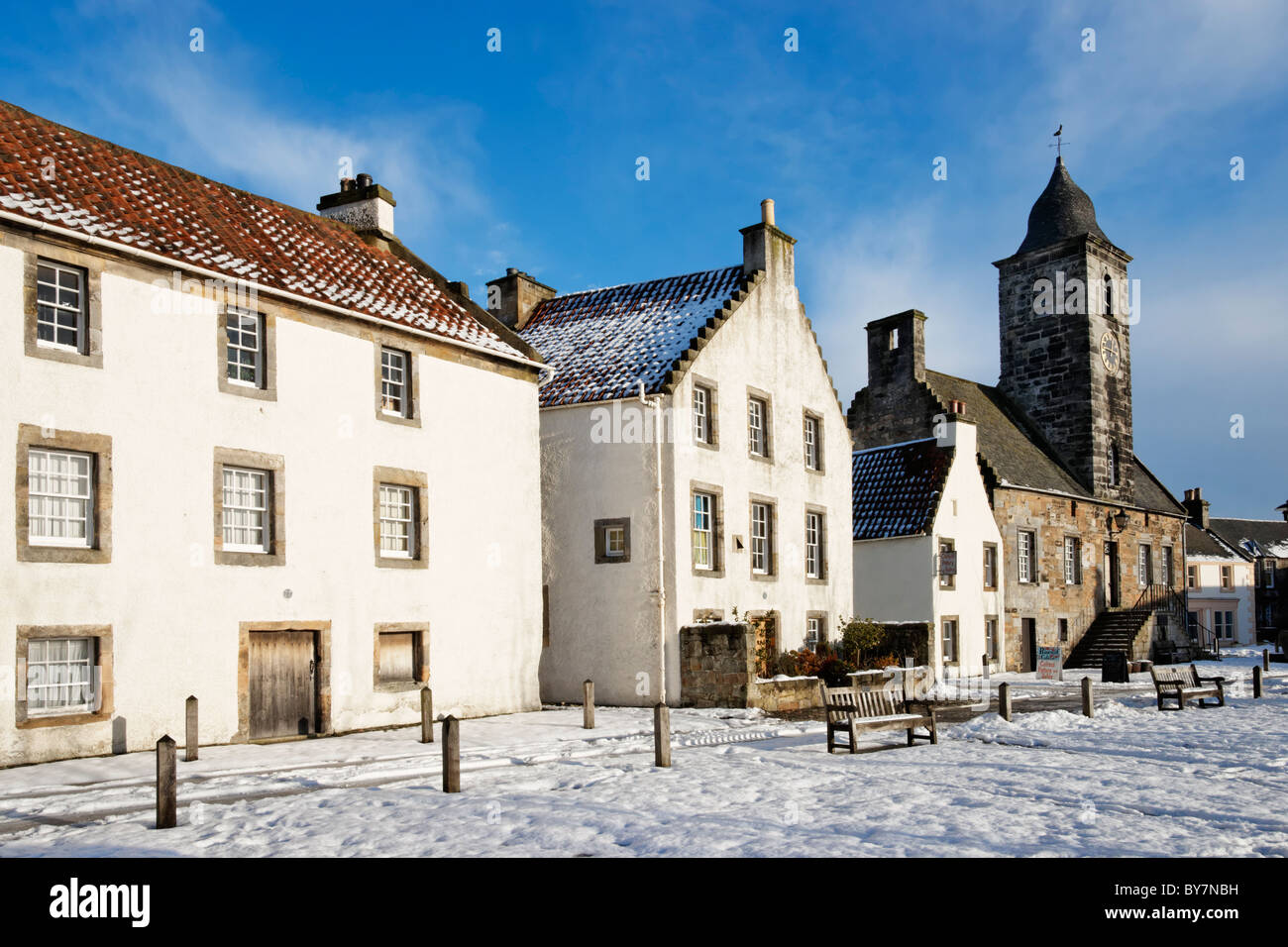 The Sandhaven and town Hall in Culross, Fife, Scotland, UK. Stock Photo