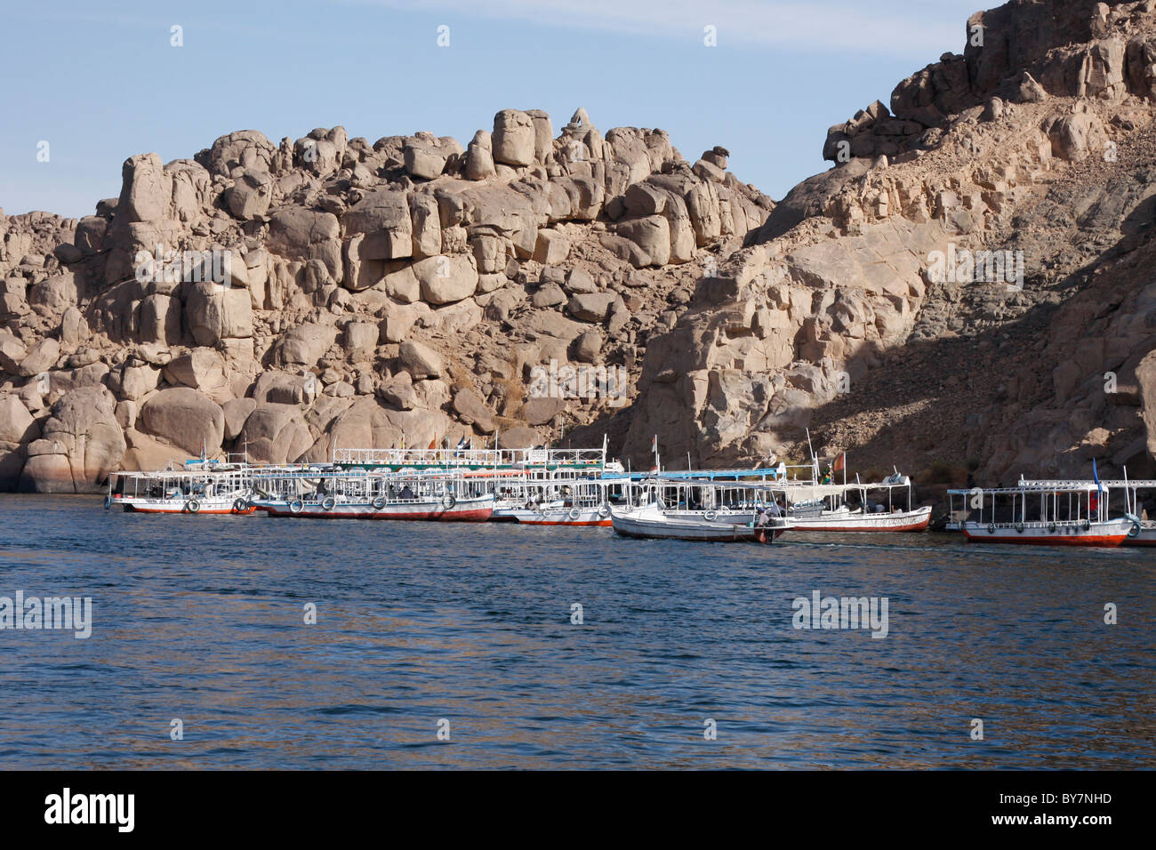 Tourist boats visiting the Temple of Philae, Lake Nasser, Egypt Stock Photo
