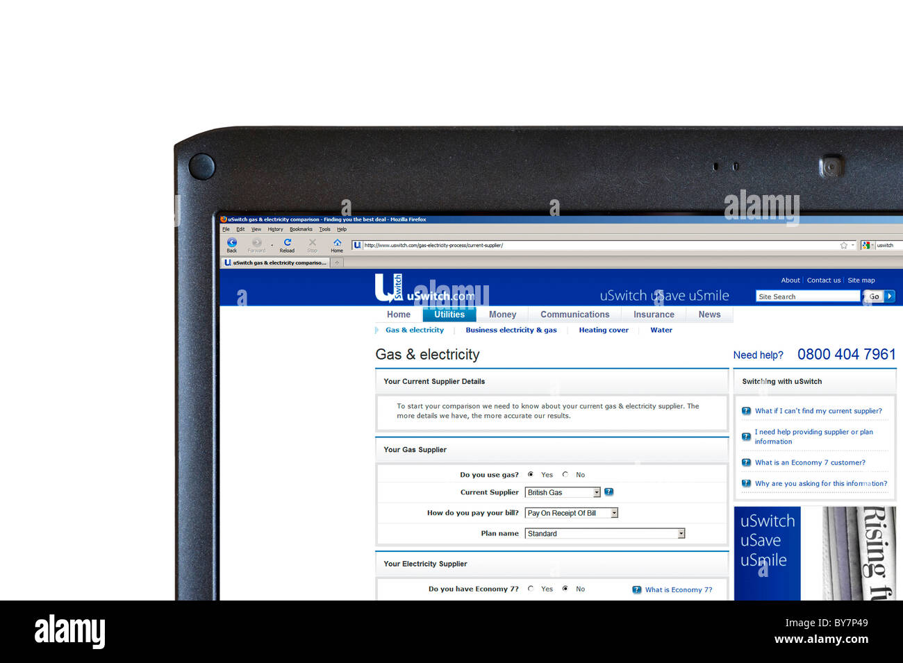 Using the uSwitch comparison site to compare the price of gas and