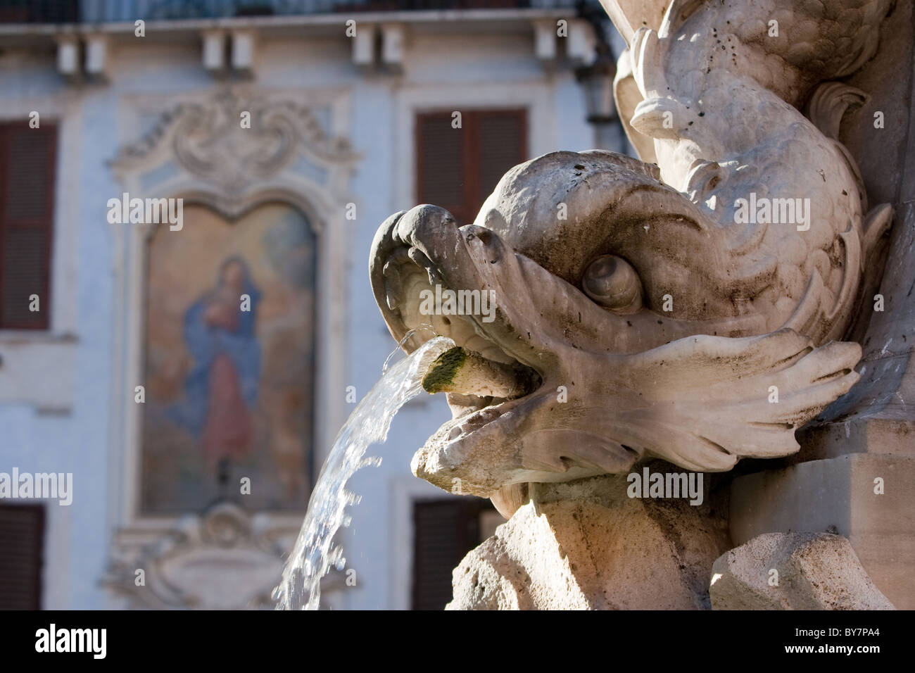 Detail of the Pantheon Fountain (1570) sculpted out of marble at the Piazza della Rotonda Rome Italy Europe Stock Photo