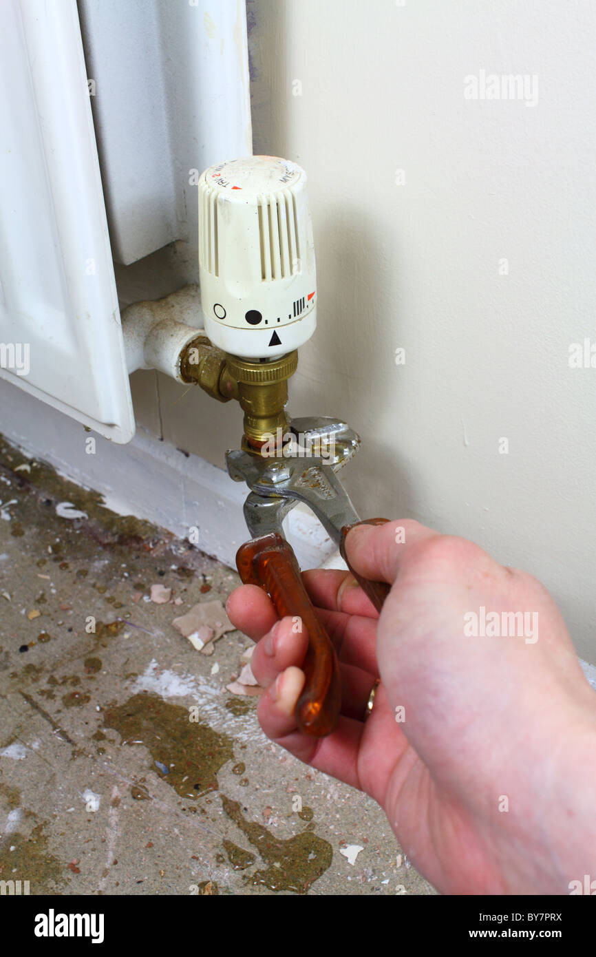 DIY plumber repairing a leaky radiator pipe, UK Stock Photo