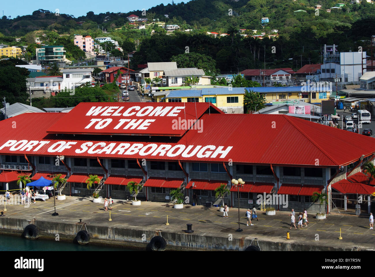 Port of Scarborough harbour building and elevated view of town,  Scarborough, Tobago, Trinidad and Tobago, Caribbean Stock Photo - Alamy