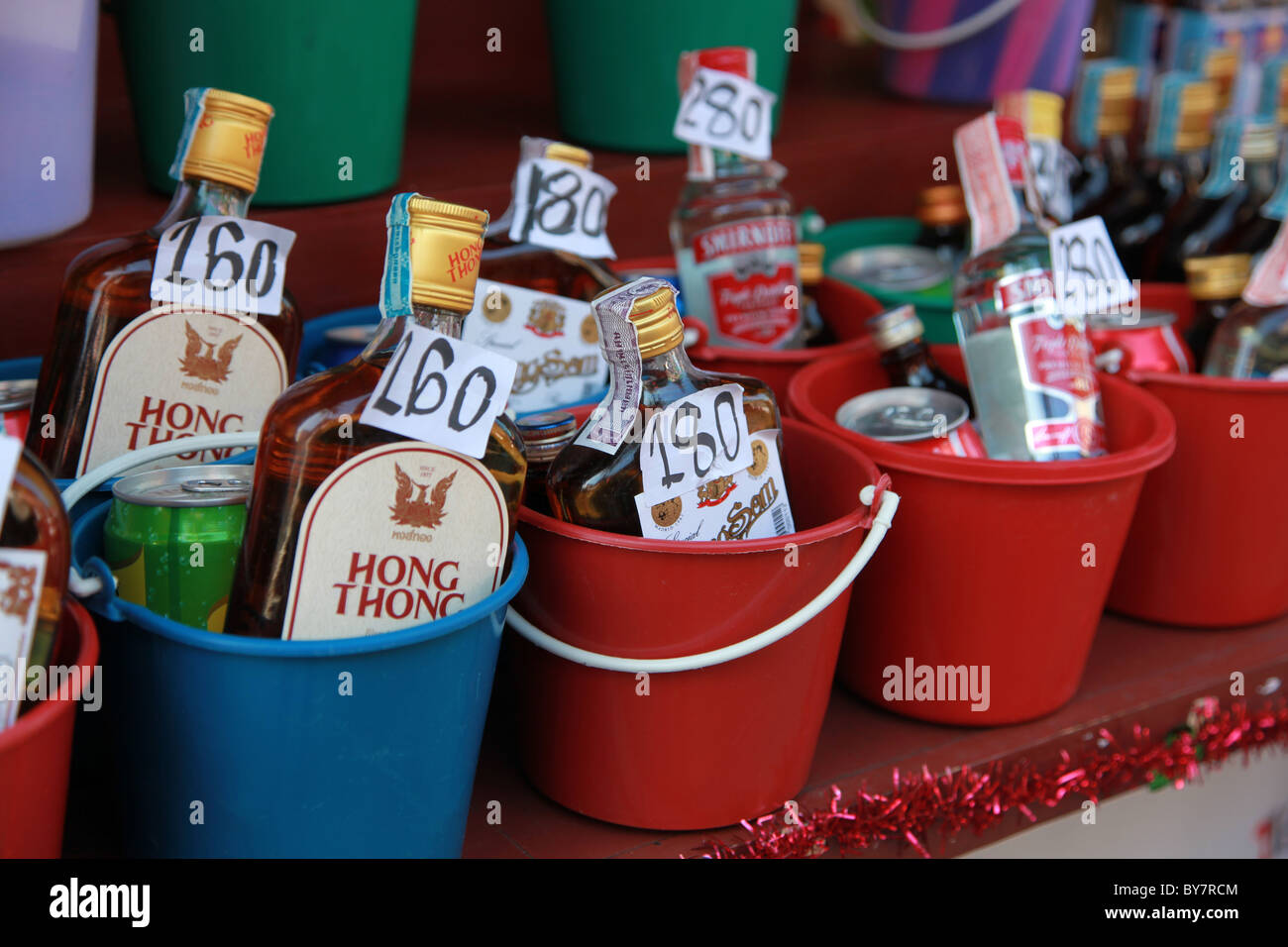 Bottles of Alcohol for sale in party buckets, Koh Phi Phi Island ...