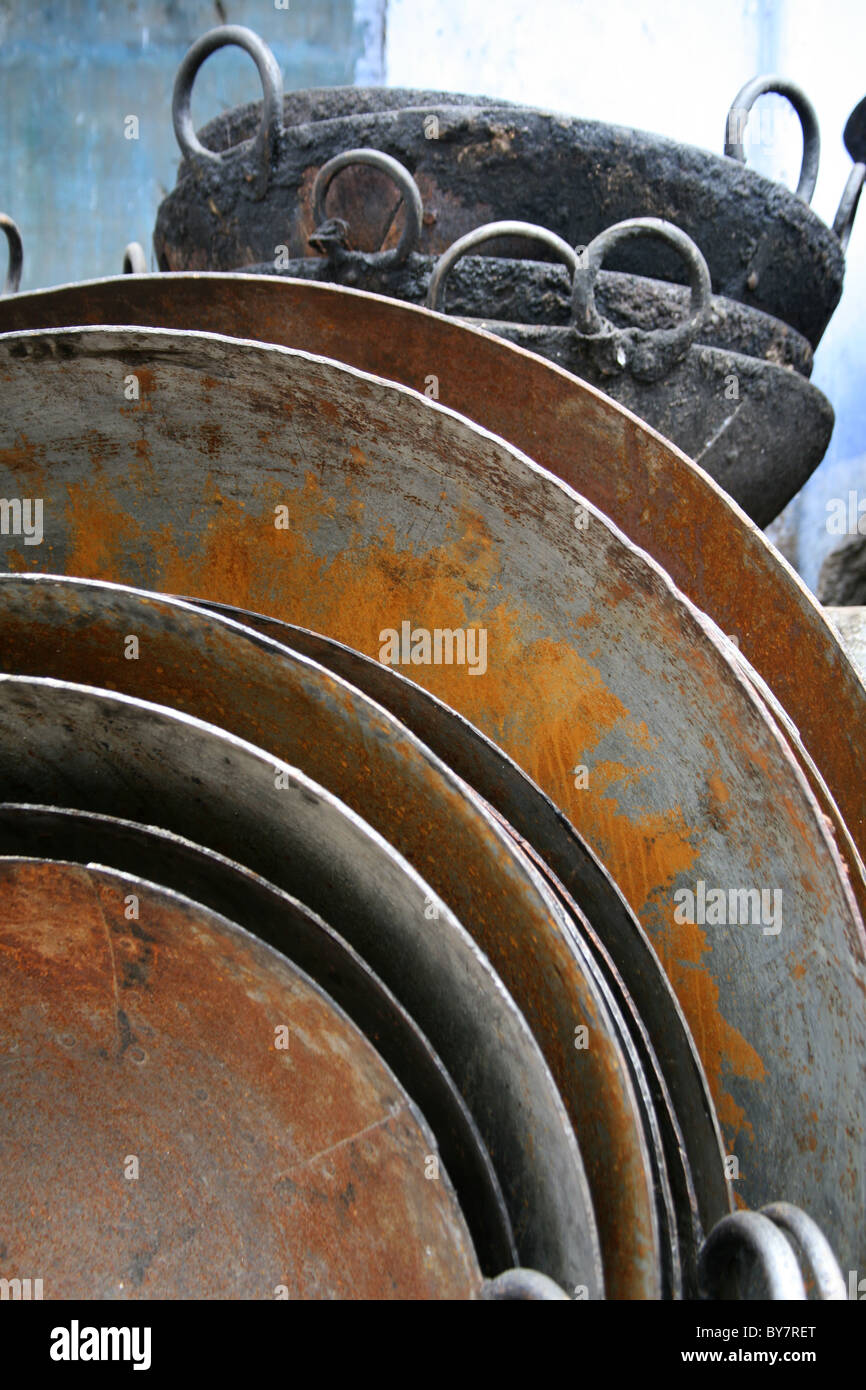Iron cooking dishes Jodphur, Rajasthan, India Stock Photo
