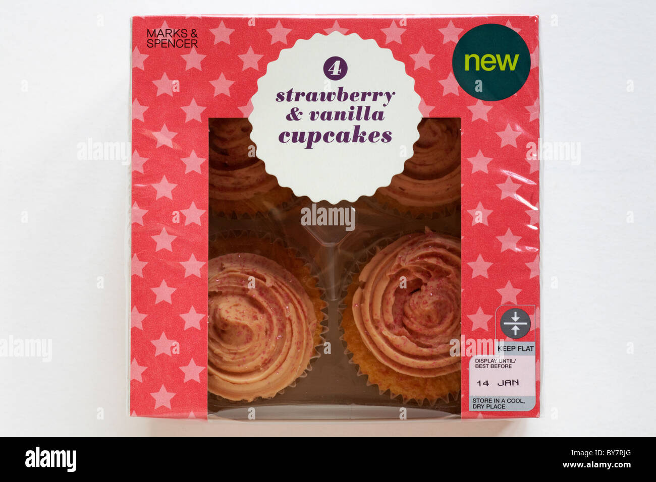 Pack of 4 Marks & Spencer strawberry and vanilla cupcakes isolated on white background Stock Photo