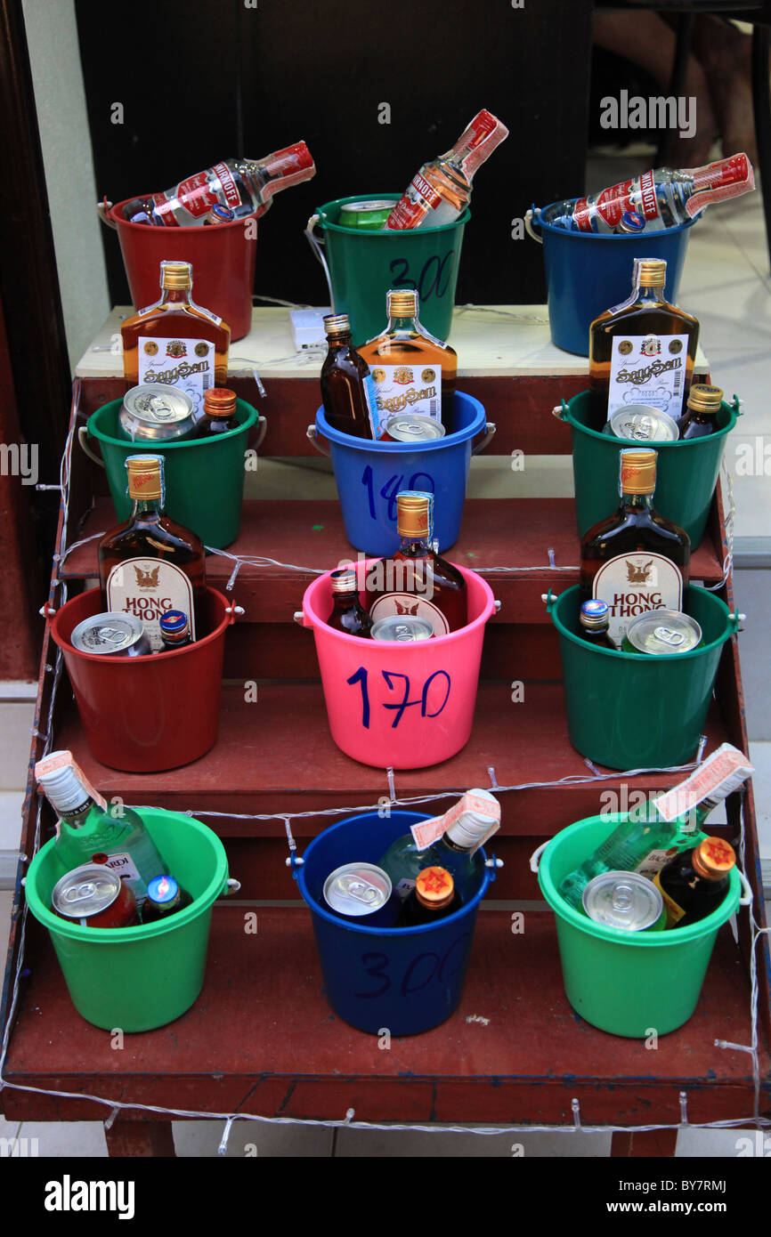 Bottles of Alcohol for sale in party buckets, Koh Phi Phi Island