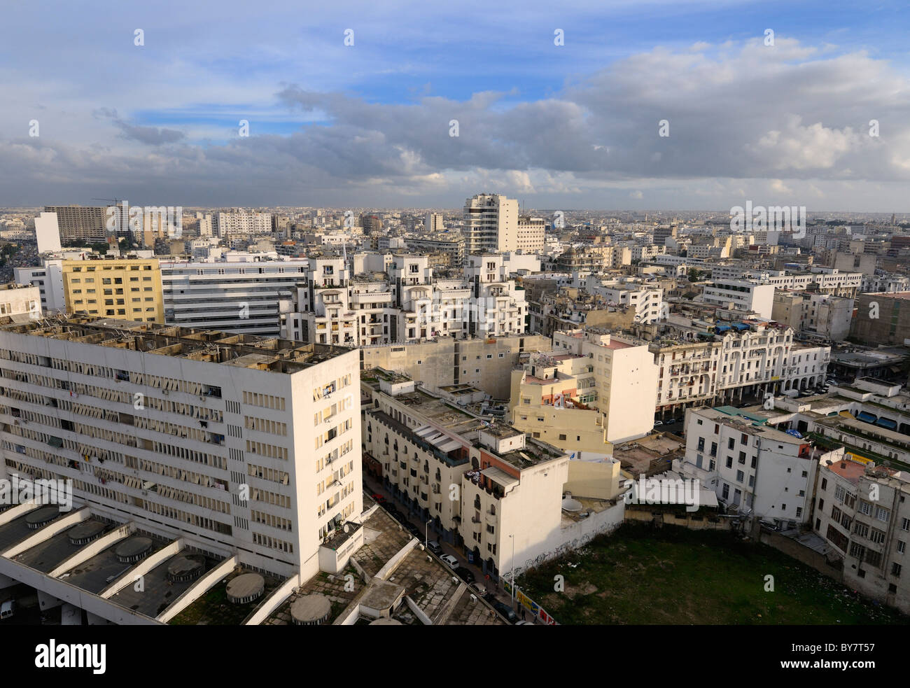 Evening view looking across the white Casablanca cityscape Morocco Stock Photo