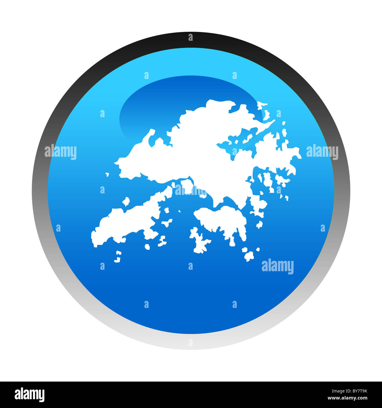 Hong Kong Islands map blue circular button isolated on white background. Stock Photo