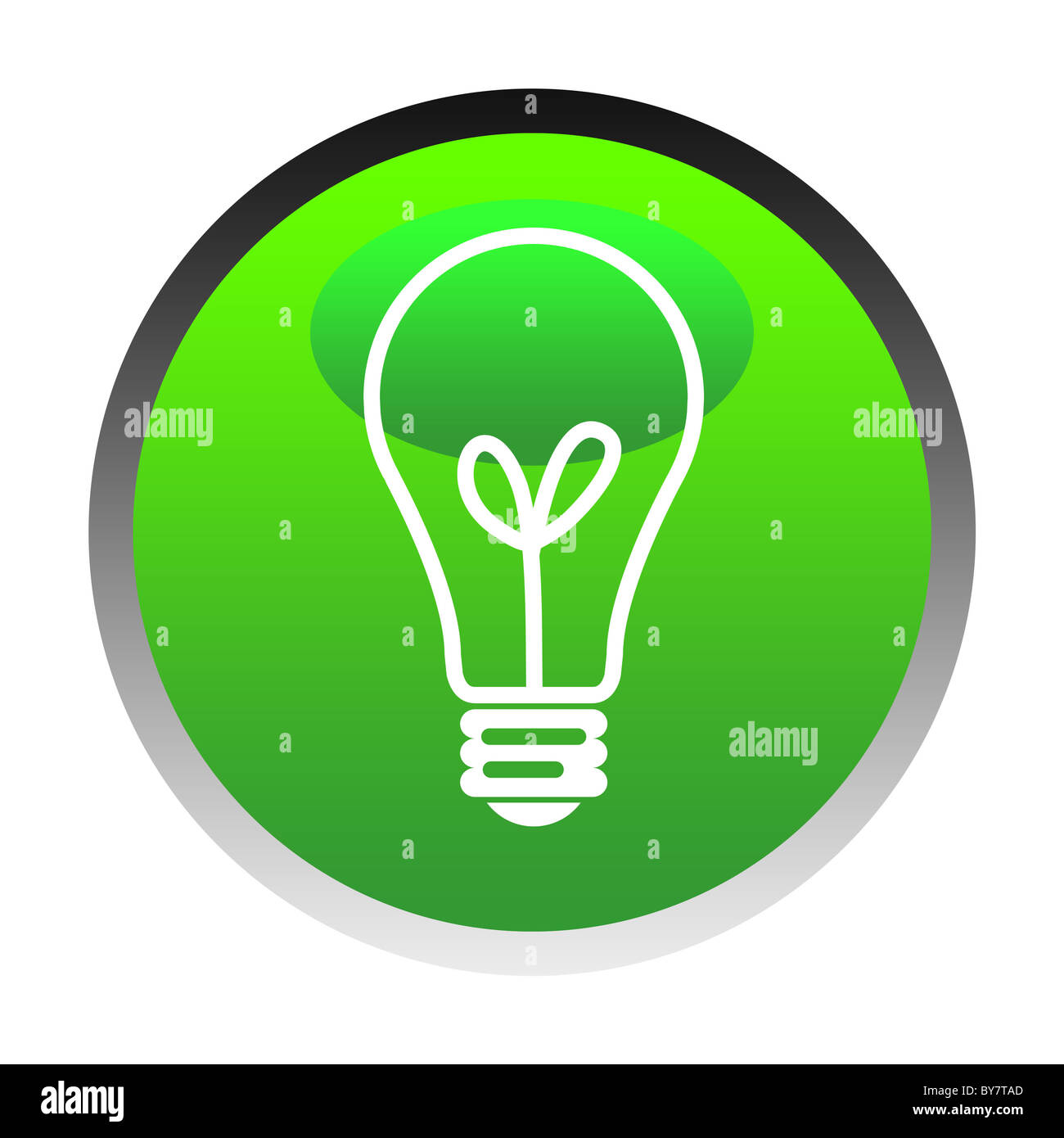 Green ideas light bulb or globe button isolated on white background. Stock Photo