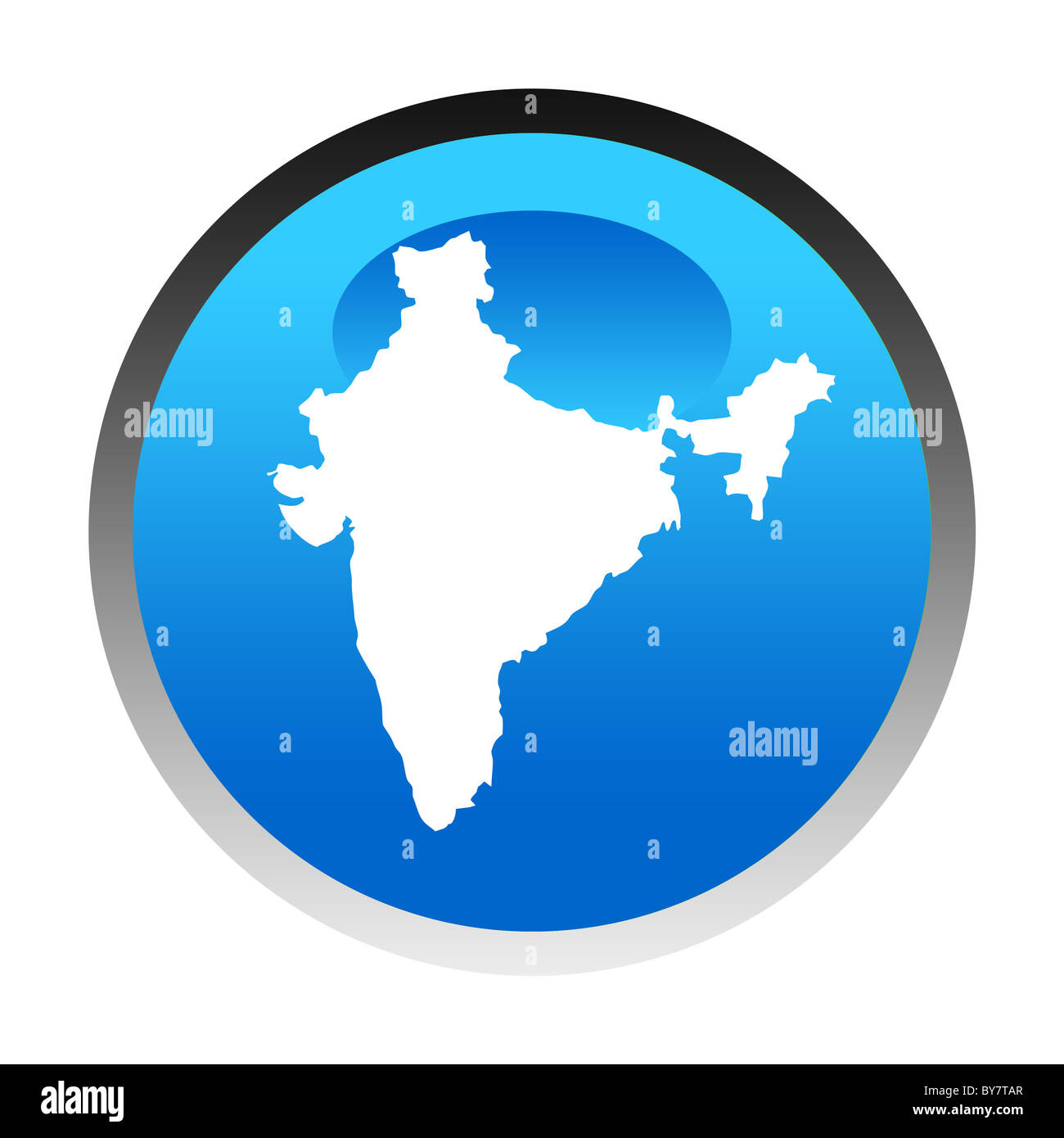 India map blue circular button isolated on white background. Stock Photo