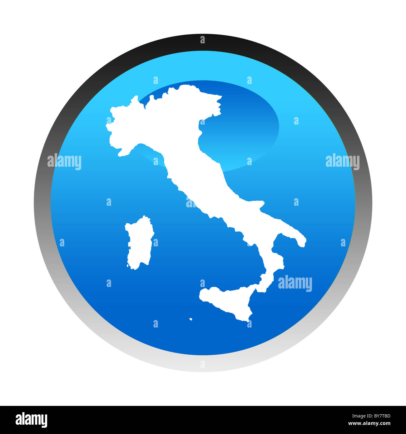 Italy map blue circular button isolated on white background. Stock Photo