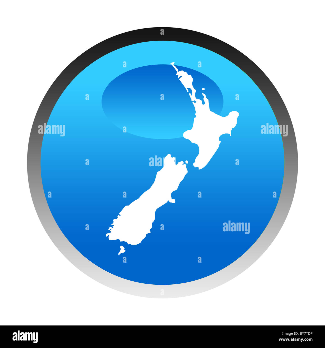 New Zealand map blue circular button isolated on white background. Stock Photo