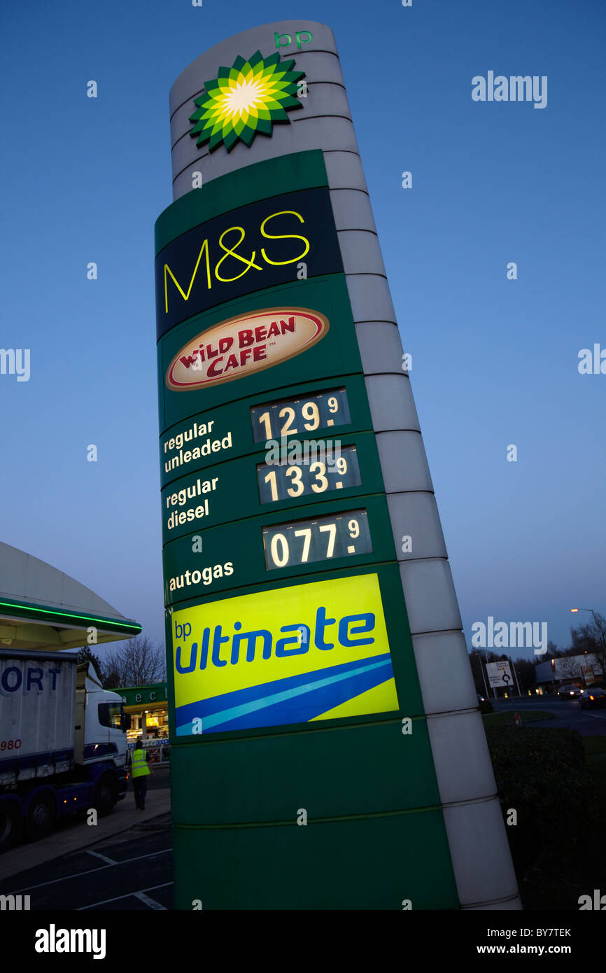 Fuel prices displayed on a BP garage forecourt Stock Photo
