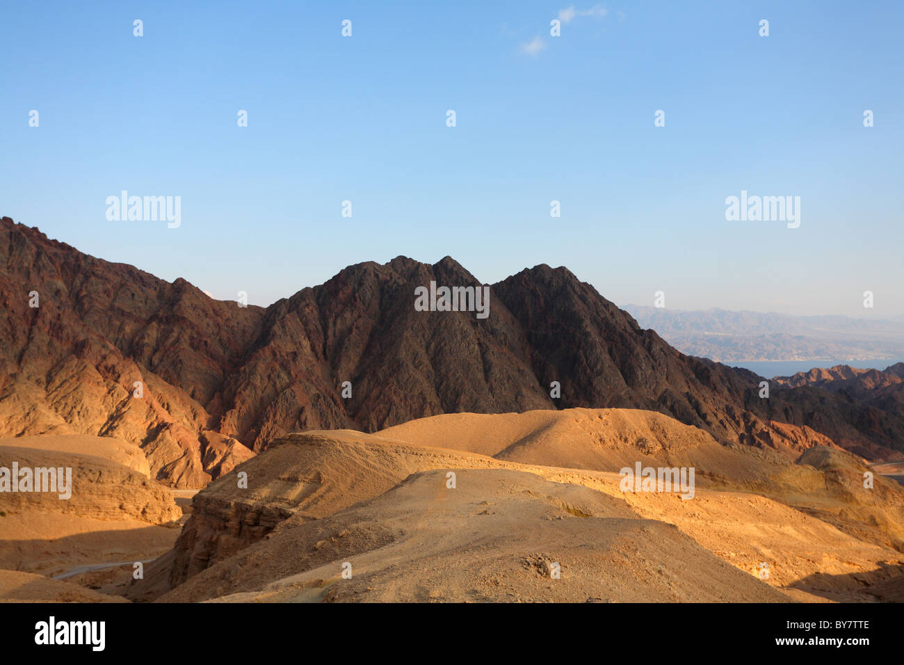 Winter morning in desert Sinai and Red sea in the distance Stock Photo