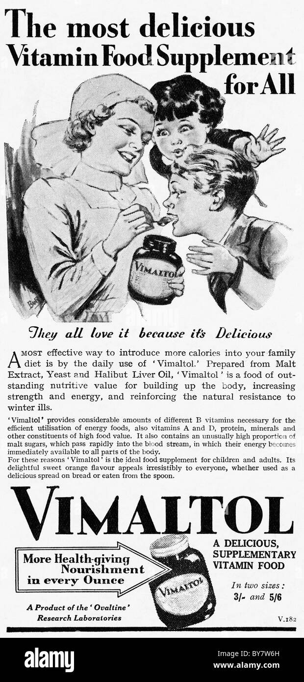 1940s advertisement for VIMALTOL vitamin food supplement in women's home economics magazine Stock Photo