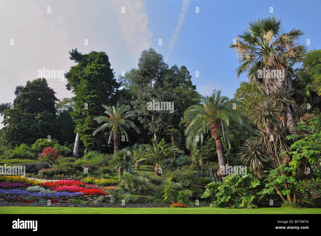Wonderful bright flowerbeds in an exotic park. Lake Como, Villa Carlotta Stock Photo