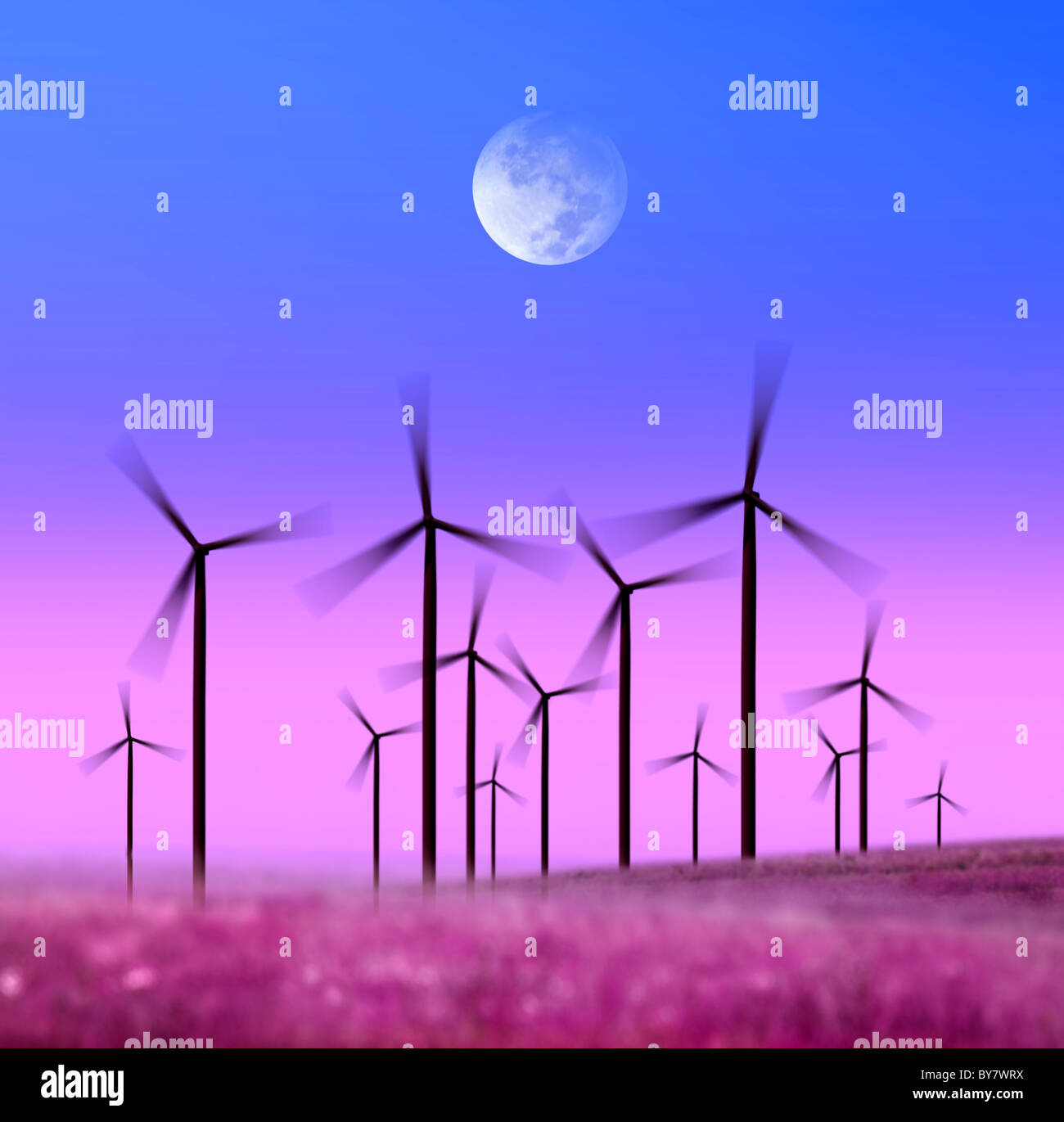 silhouette of wind turbines generating electricity on night sky Stock ...