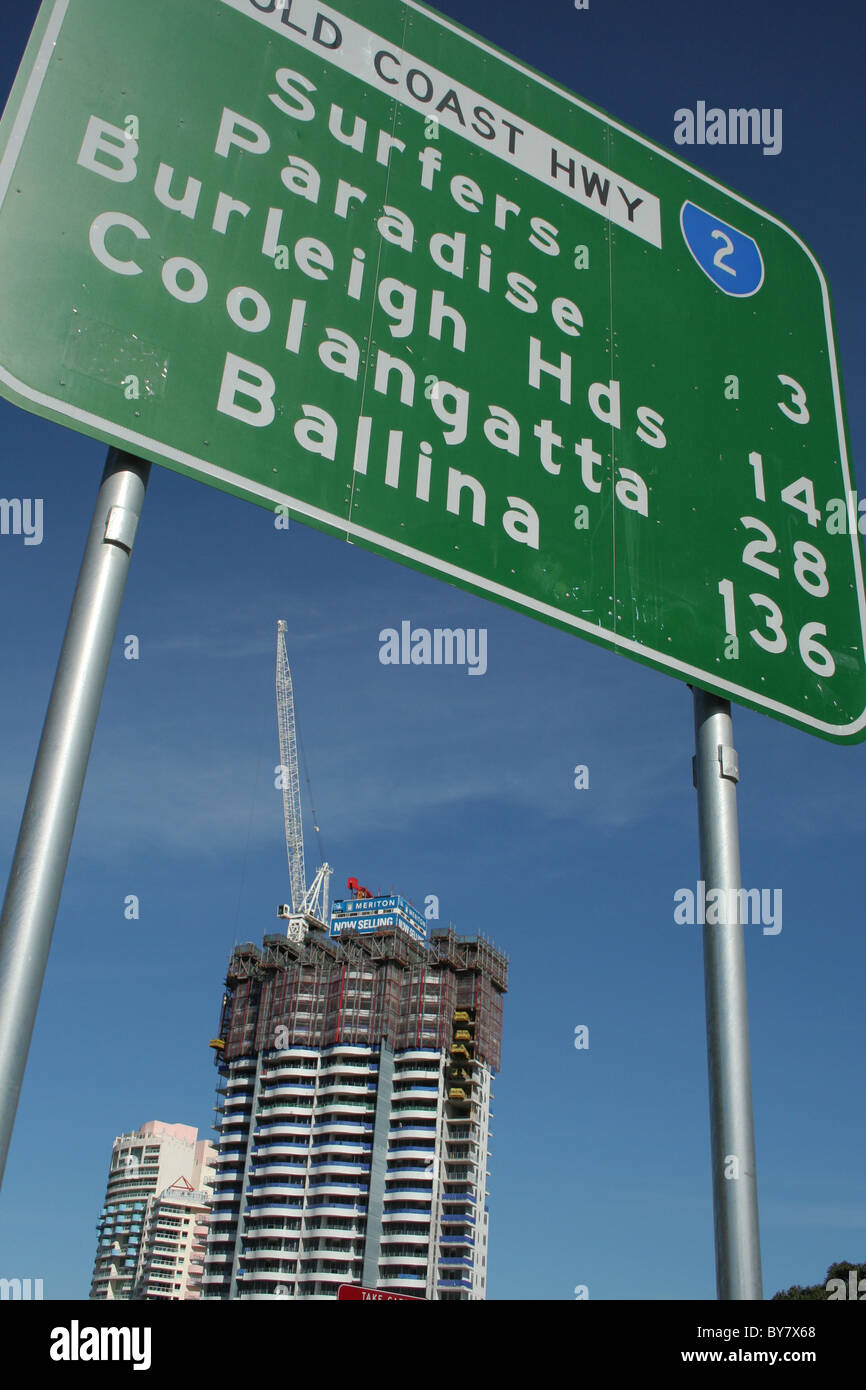 Signpost on the Gold Coast Highway giving distances to Surfers Paradise, Burleigh Heads, Coolangatta and Ballina, Queensland, Australia Stock Photo