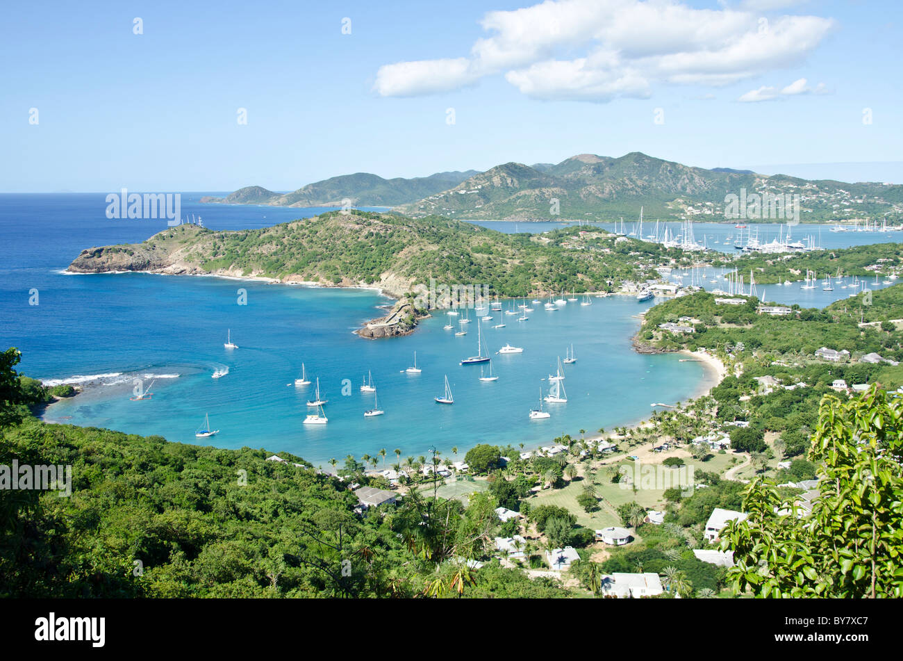Looking down on English Harbour and Nelsons Dockyard from Shirley Heights Antigua Stock Photo