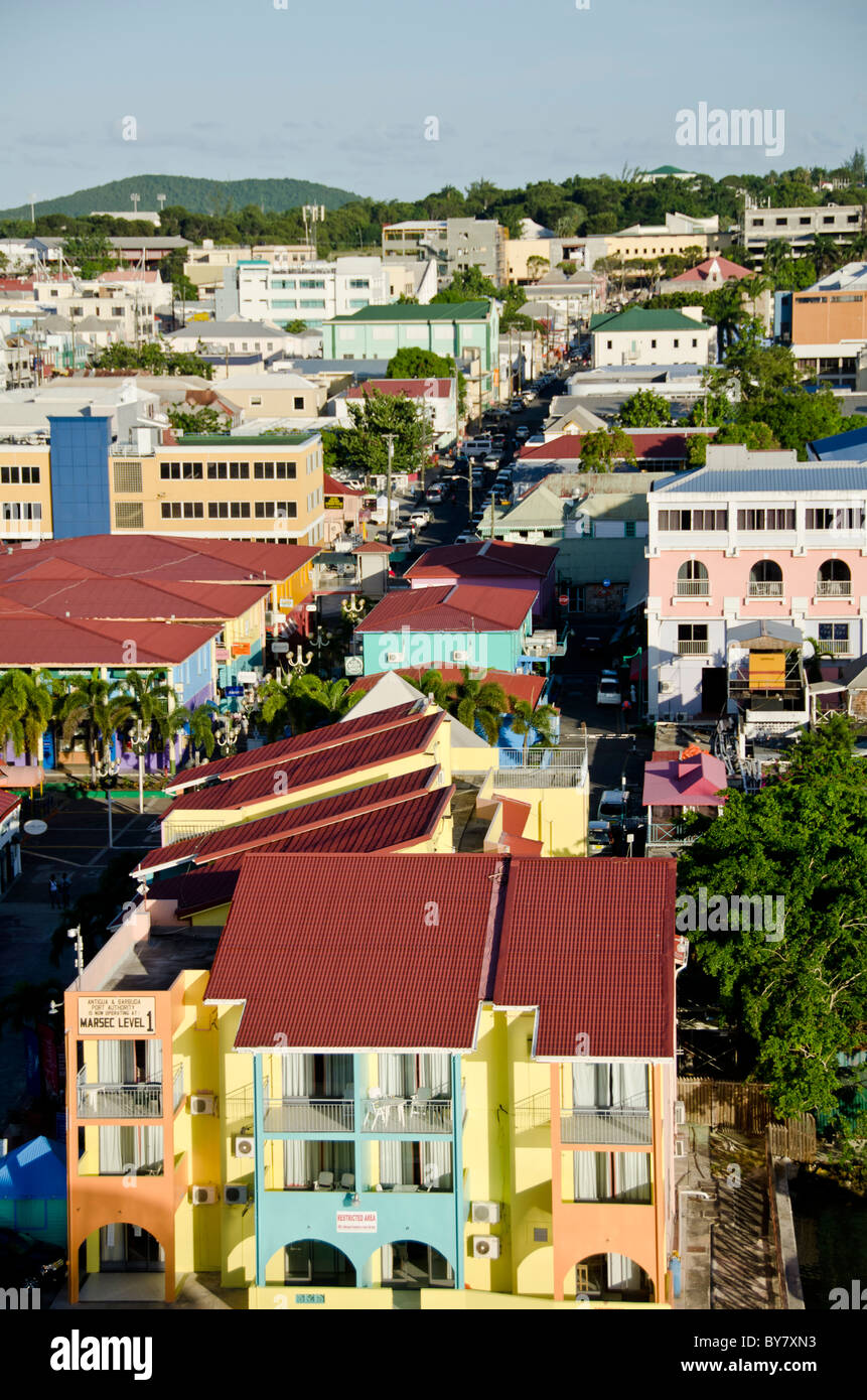 Looking down on shops of Heritage Quay, St Johns Antigua from Caribbean cruise ship Stock Photo
