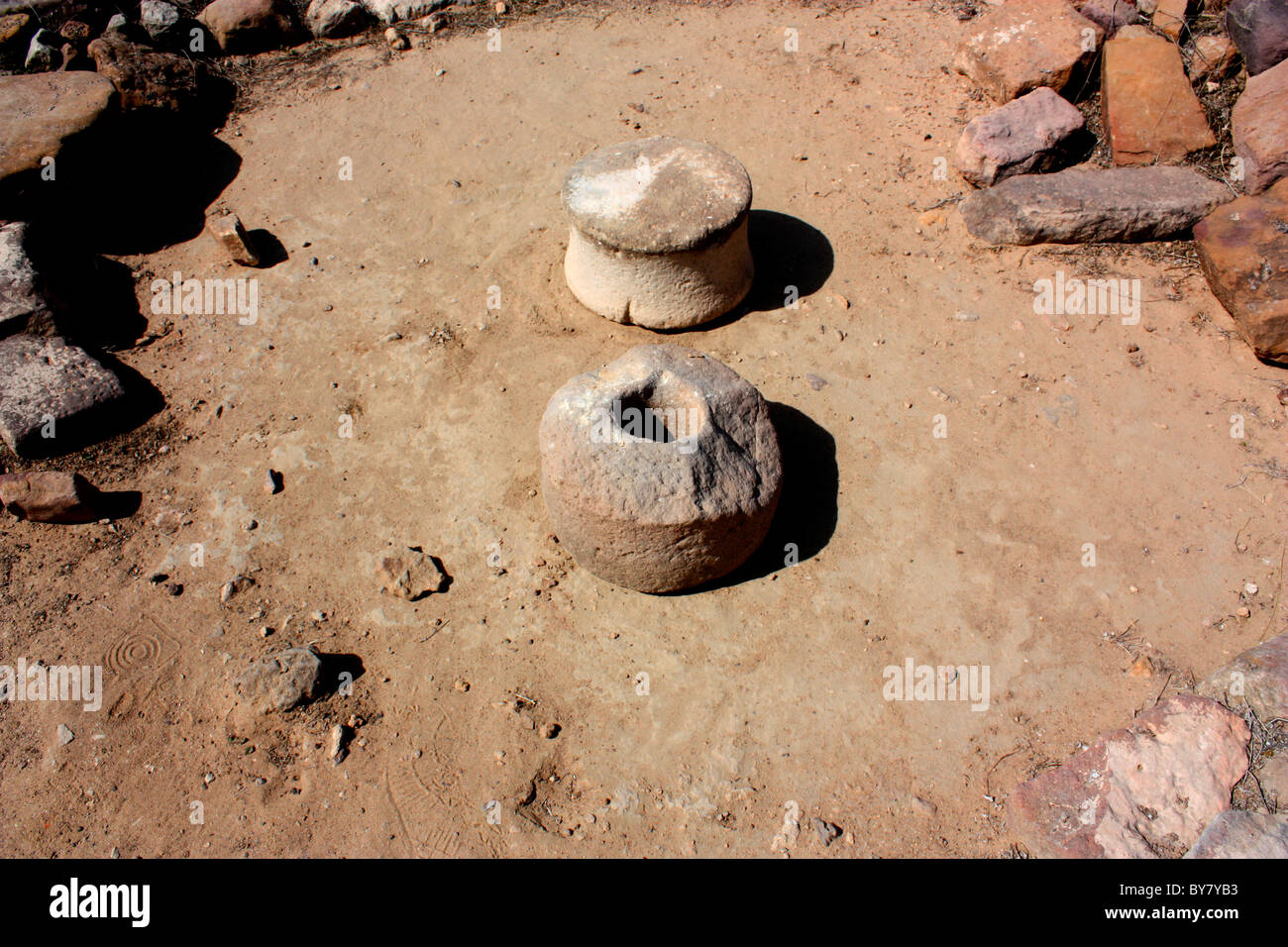 Manual grinder found at Excavated ruins of Harrappa civilisation at Dholavira, anicient site of Indus valley civilisation, india Stock Photo
