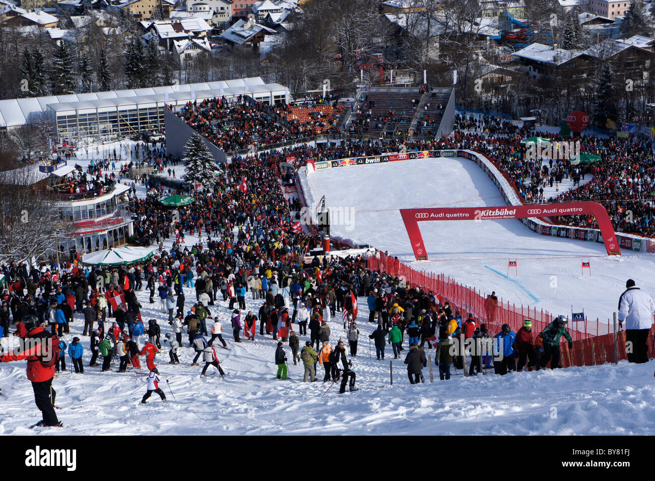 Finish shute and stadium of Hahnenkamm Ski-World-Cup- Races, Kitzbühel, Tirol, 2011, Austria Stock Photo