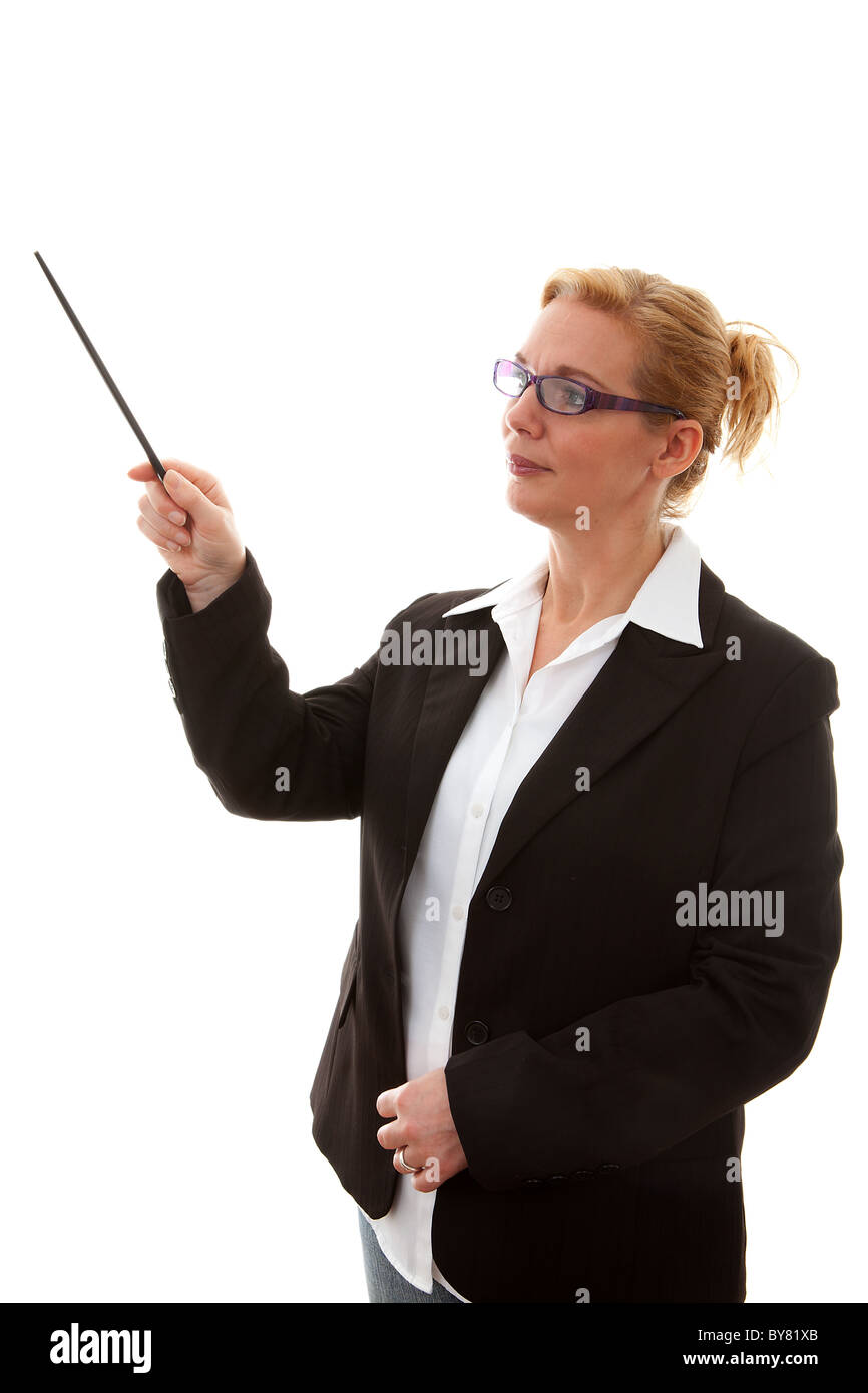 business woman points tot something with stick over white background Stock Photo