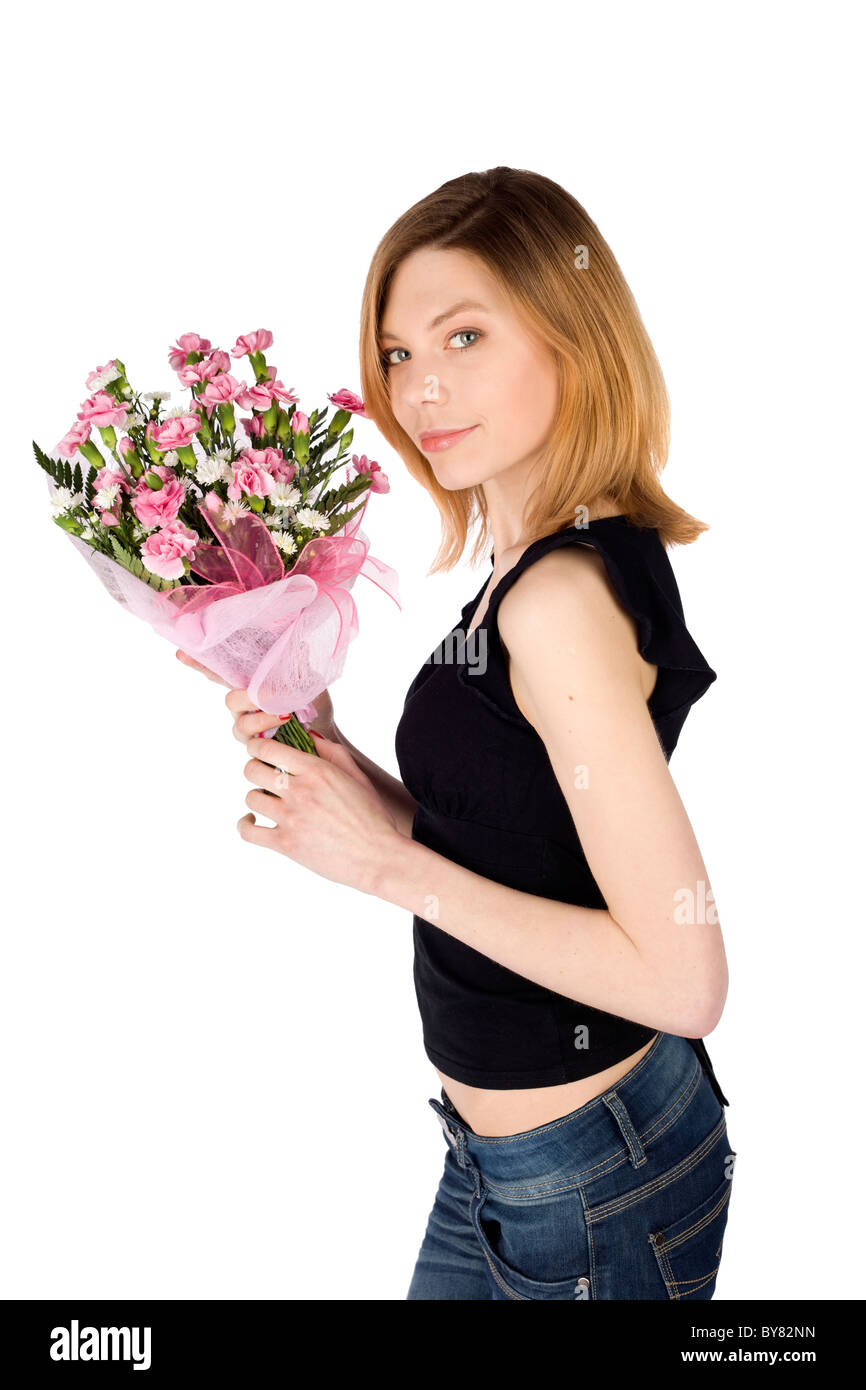 Beautiful Woman Holding Flower Bouquet Roses Carnations Stock