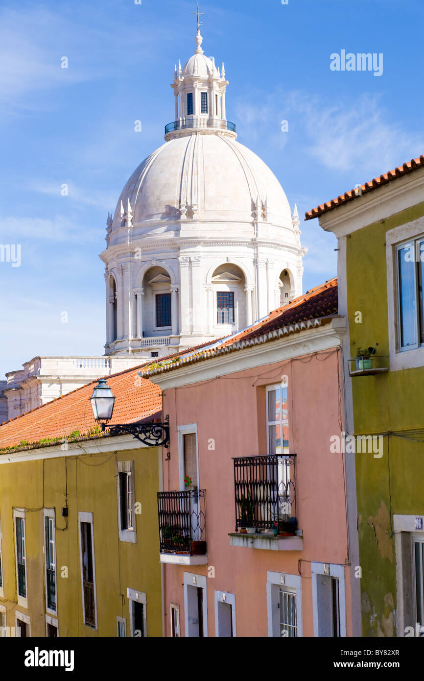 Santa Engracia Church aka National Pantheon, behind old homes in Alfama district, Lisbon, Portugal Stock Photo