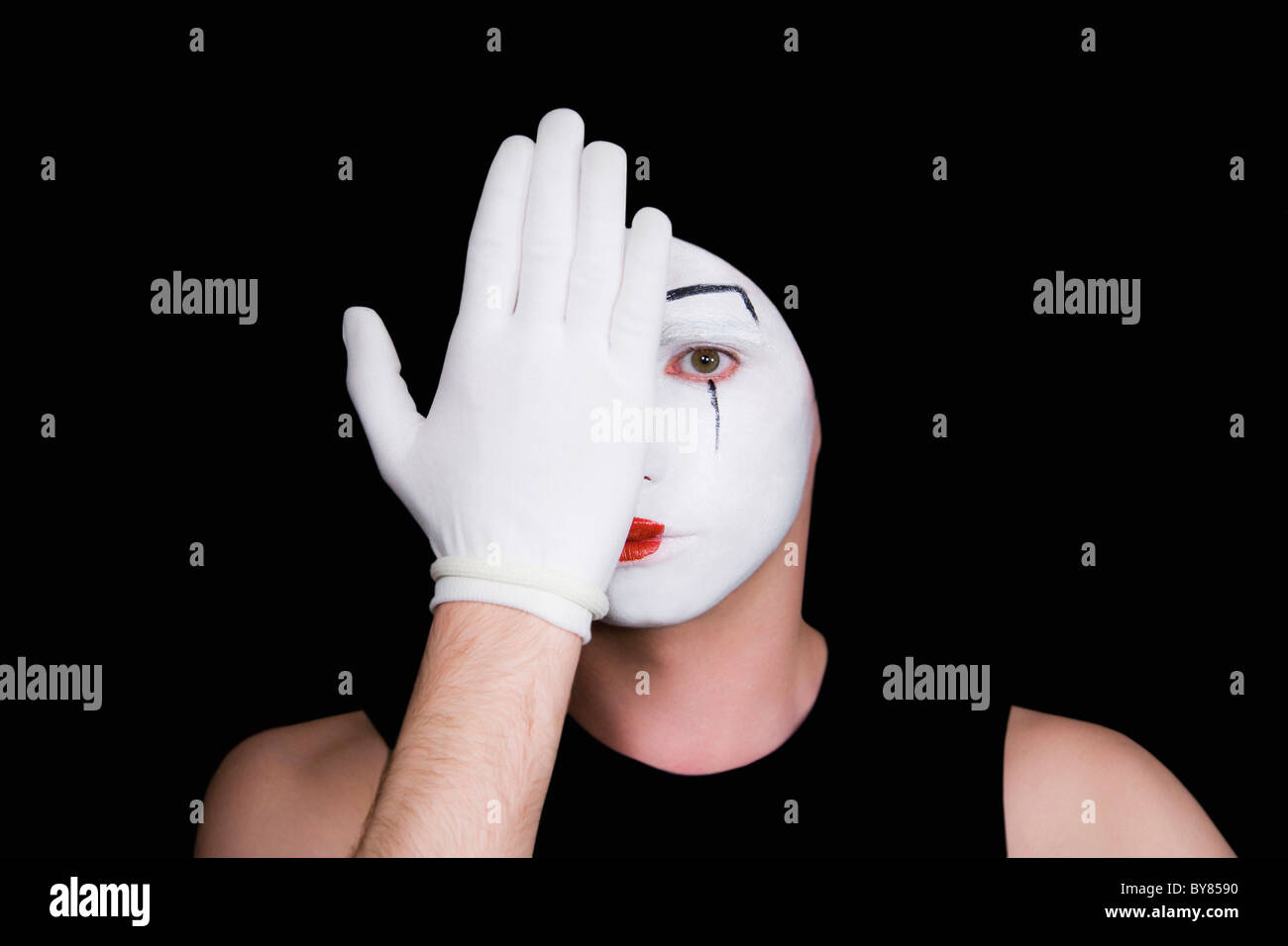 Portrait of artful peeping mime in white gloves Stock Photo Alamy