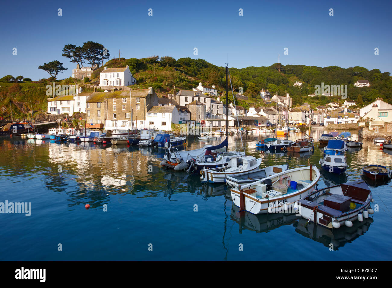 Morning view overlooking the quaint fishing village of Polperro Stock Photo