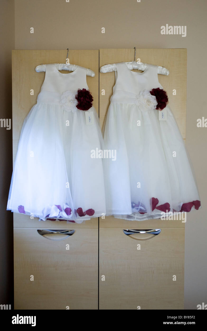 Two white bridesmaid's dresses on hangers hanging on a wardrobe Stock ...