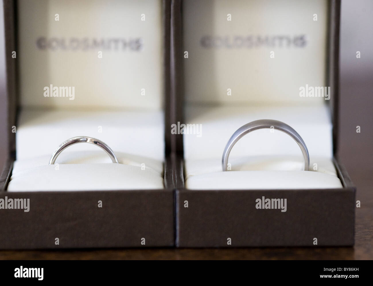 Wedding rings in presentation boxes Stock Photo