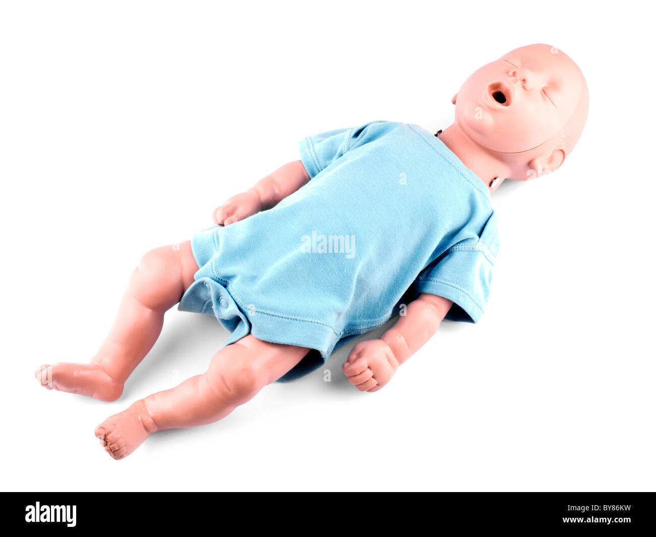 First aid training infant dummy on white background Stock Photo