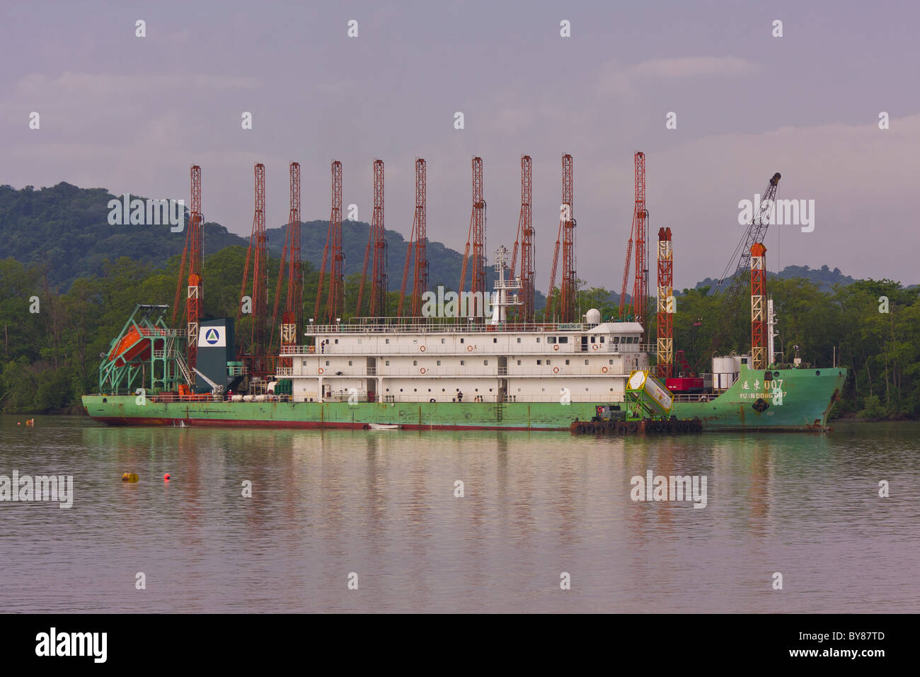 PANAMA - drilling barge on Panama Canal Stock Photo